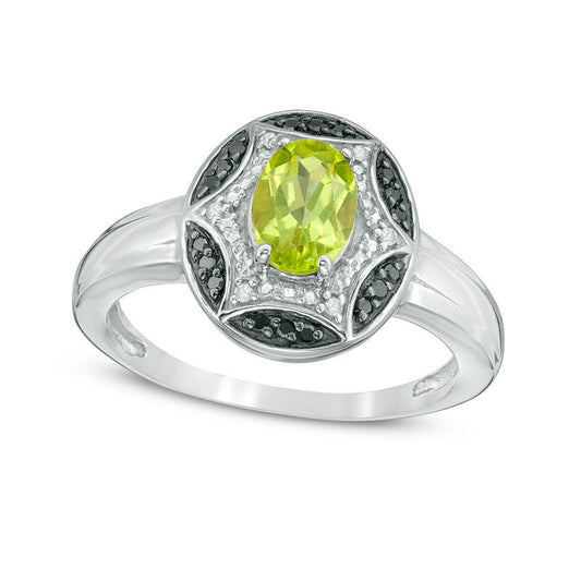 Oval Peridot and Enhanced Black and White Natural Diamond Accent Starburst Frame Ring in Sterling Silver and Black Rhodium