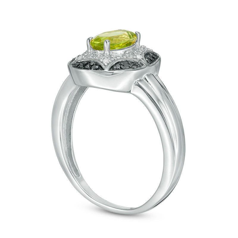 Oval Peridot and Enhanced Black and White Natural Diamond Accent Starburst Frame Ring in Sterling Silver and Black Rhodium