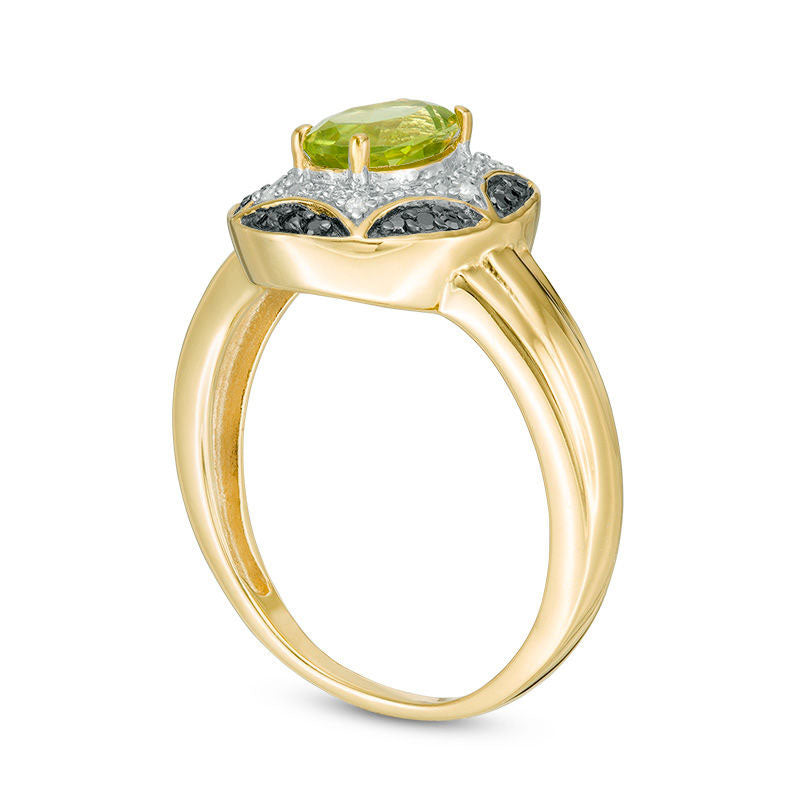 Oval Peridot and Enhanced Black and White Natural Diamond Accent Starburst Frame Ring in Sterling Silver with Solid 14K Gold Plate