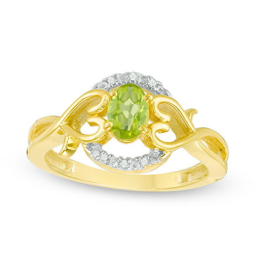 Oval Peridot and Natural Diamond Accent Frame Heart Sides Ring in Sterling Silver with Solid 14K Gold Plate