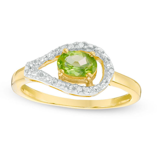 Oval Peridot and Natural Diamond Accent Teardrop Frame Ring in Sterling Silver with Solid 14K Gold Plate