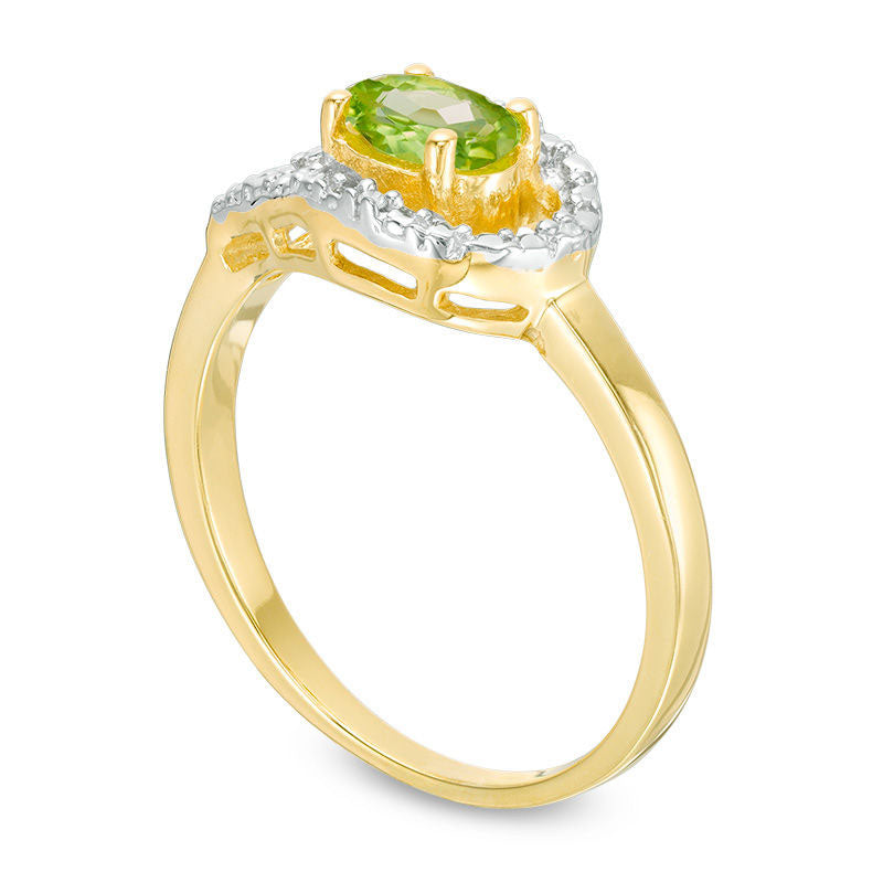 Oval Peridot and Natural Diamond Accent Teardrop Frame Ring in Sterling Silver with Solid 14K Gold Plate