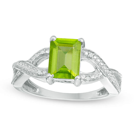 Emerald-Cut Peridot and Natural Diamond Accent Twist Split Shank Ring in Sterling Silver