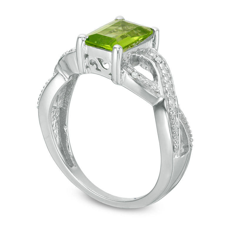 Emerald-Cut Peridot and Natural Diamond Accent Twist Split Shank Ring in Sterling Silver