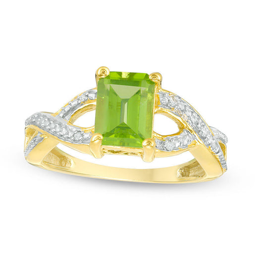 Emerald-Cut Peridot and Natural Diamond Accent Twist Split Shank Ring in Sterling Silver with Solid 14K Gold Plate
