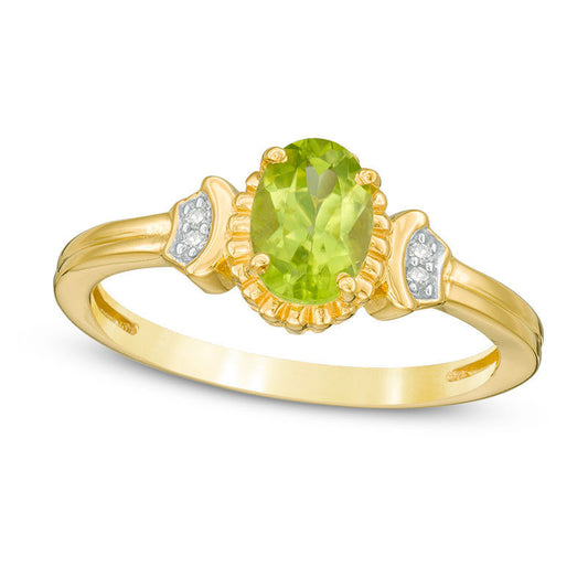 Oval Peridot and Natural Diamond Accent Collar Antique Vintage-Style Ring in Sterling Silver with Solid 14K Gold Plate