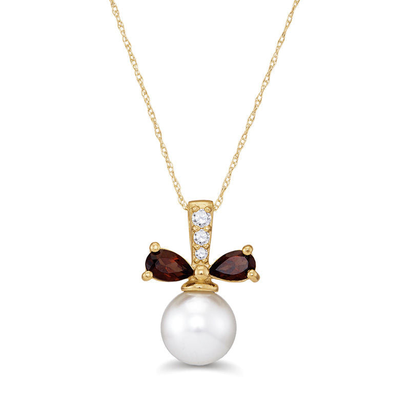 8.0mm Cultured Freshwater Pearl, Pear-Shaped Garnet and Natural Diamond Accent Bow Pendant in 10K Yellow Gold