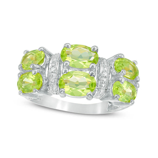 Oval Peridot and Natural Diamond Accent Collar Double Row Three Stone Ring in Sterling Silver