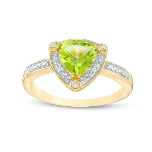 7.0mm Trillion-Cut Peridot and Natural Diamond Accent Frame Ring in Sterling Silver with Solid 14K Gold Plate