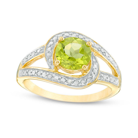 7.0mm Peridot and Natural Diamond Accent Frame Bypass Ring in Sterling Silver with Solid 14K Gold Plate