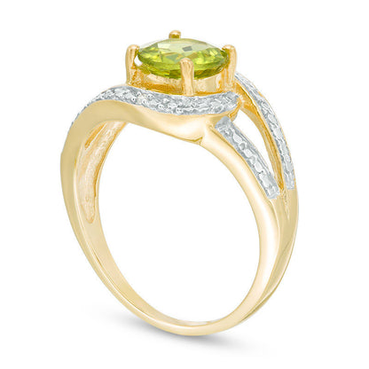 7.0mm Peridot and Natural Diamond Accent Frame Bypass Ring in Sterling Silver with Solid 14K Gold Plate