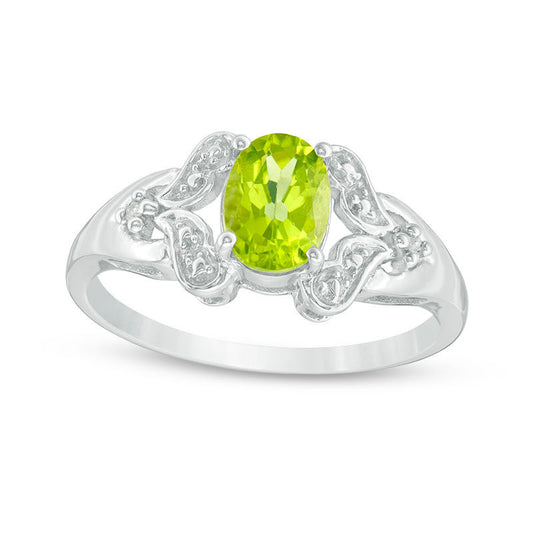 Oval Peridot and Natural Diamond Accent Heart Split Shank Ring in Sterling Silver