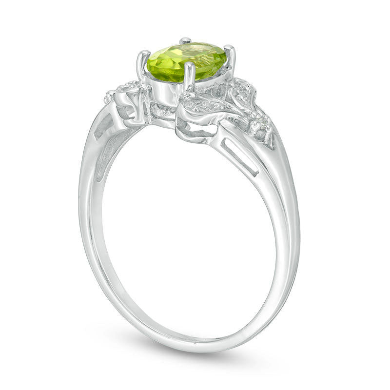 Oval Peridot and Natural Diamond Accent Heart Split Shank Ring in Sterling Silver