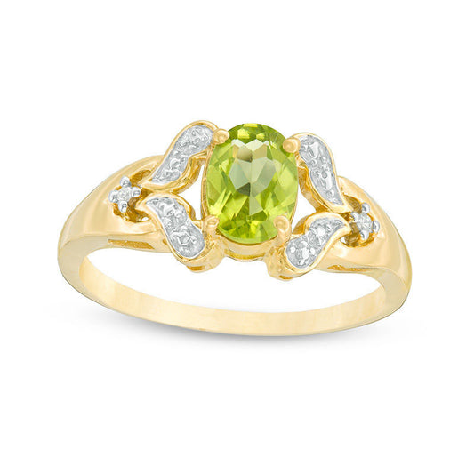 Oval Peridot and Natural Diamond Accent Heart Split Shank Ring in Sterling Silver with Solid 14K Gold Plate
