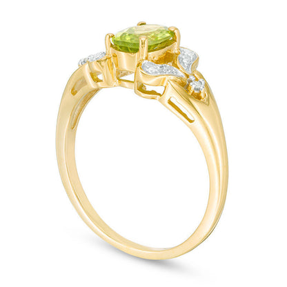 Oval Peridot and Natural Diamond Accent Heart Split Shank Ring in Sterling Silver with Solid 14K Gold Plate