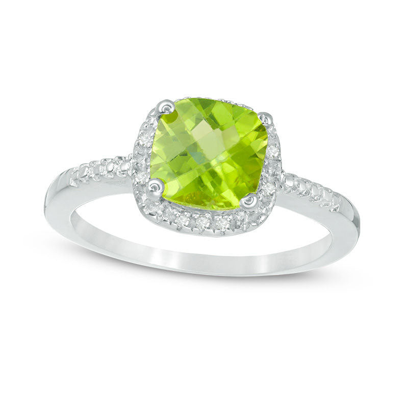 7.0mm Cushion-Cut Peridot and Natural Diamond Accent Frame Ring in Sterling Silver
