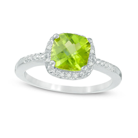 7.0mm Cushion-Cut Peridot and Natural Diamond Accent Frame Ring in Sterling Silver