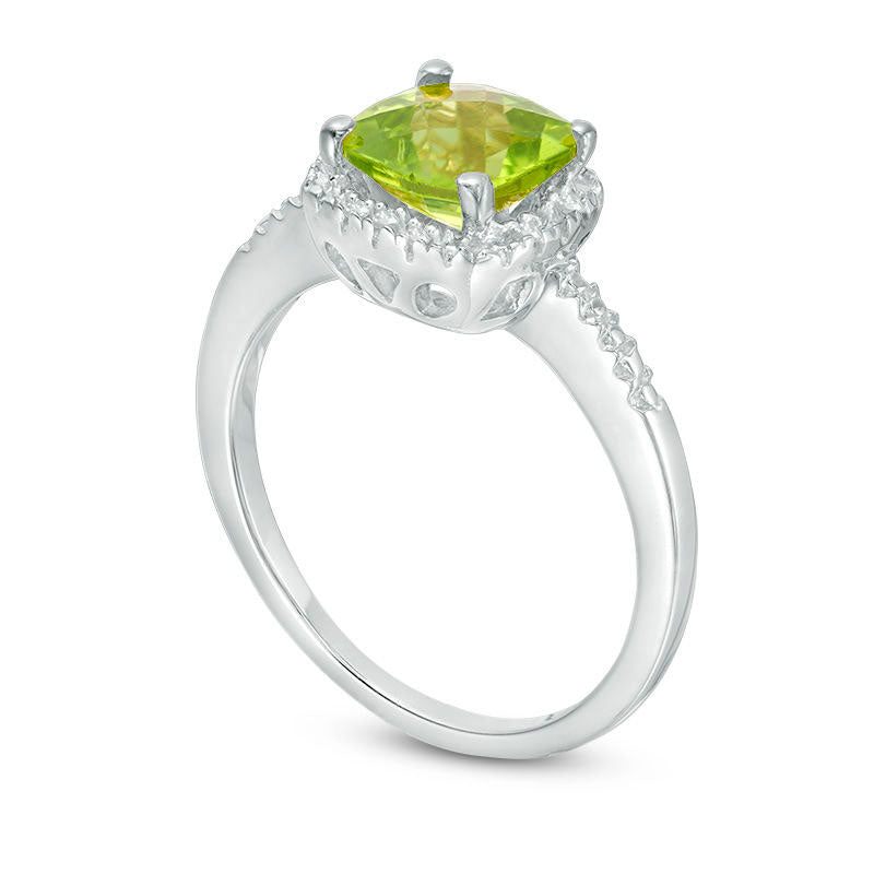 7.0mm Cushion-Cut Peridot and Natural Diamond Accent Frame Ring in Sterling Silver