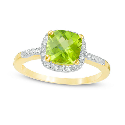 7.0mm Cushion-Cut Peridot and Natural Diamond Accent Frame Ring in Sterling Silver with Solid 14K Gold Plate