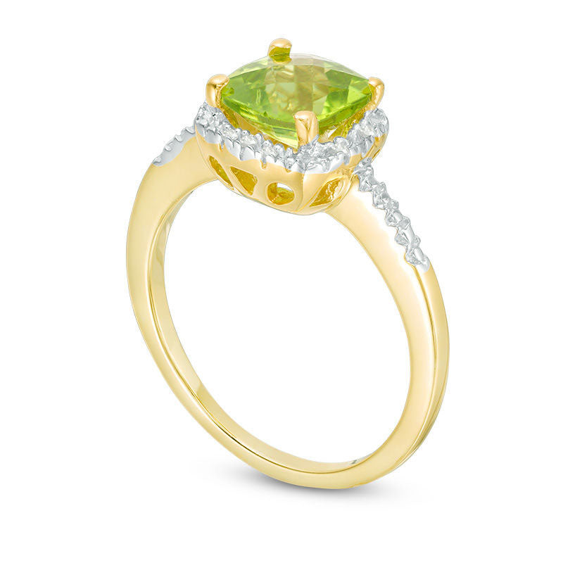 7.0mm Cushion-Cut Peridot and Natural Diamond Accent Frame Ring in Sterling Silver with Solid 14K Gold Plate
