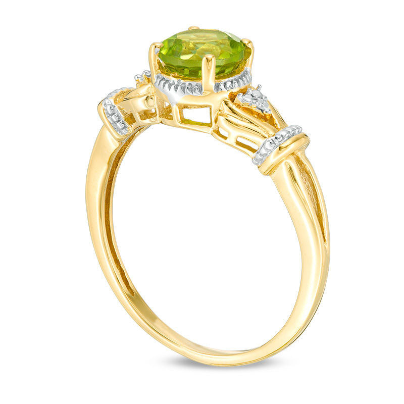 6.0mm Peridot and Natural Diamond Accent Tri-Sides Collar Antique Vintage-Style Ring in Sterling Silver with Solid 14K Gold Plate