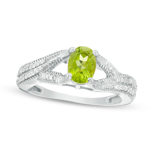 Oval Peridot and Natural Diamond Accent Antique Vintage-Style Split Shank Ring in Sterling Silver