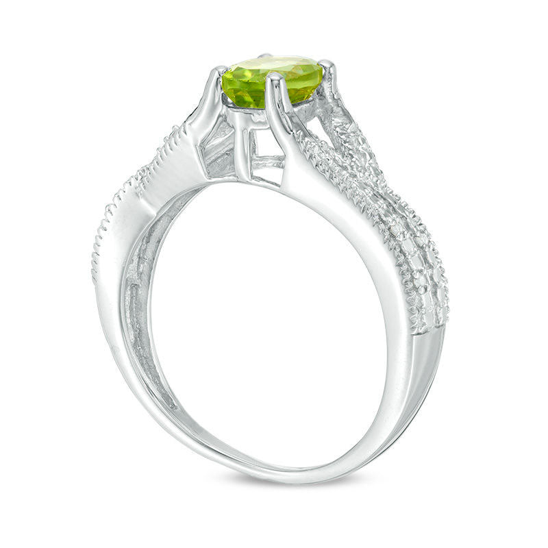Oval Peridot and Natural Diamond Accent Antique Vintage-Style Split Shank Ring in Sterling Silver
