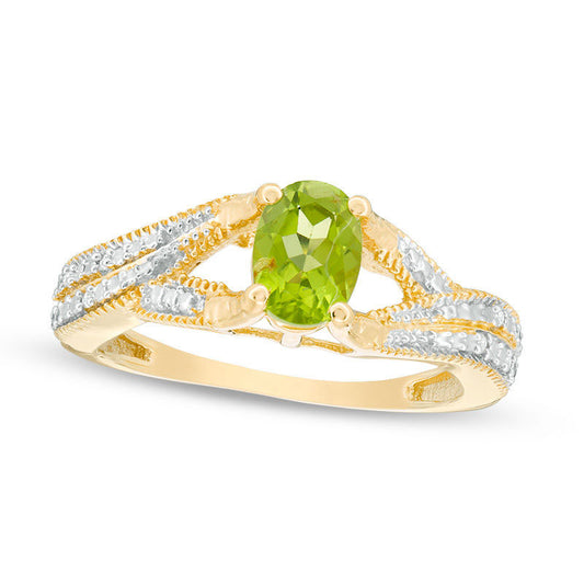 Oval Peridot and Natural Diamond Accent Antique Vintage-Style Split Shank Ring in Sterling Silver with Solid 14K Gold Plate