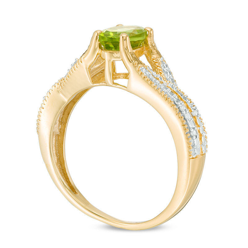 Oval Peridot and Natural Diamond Accent Antique Vintage-Style Split Shank Ring in Sterling Silver with Solid 14K Gold Plate