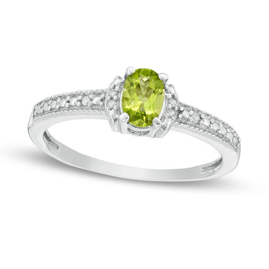 Oval Peridot and Natural Diamond Accent Collar Antique Vintage-Style Ring in Sterling Silver