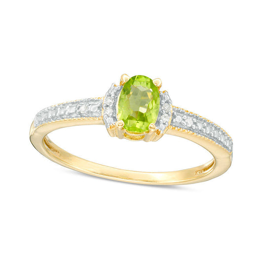 Oval Peridot and Natural Diamond Accent Collar Antique Vintage-Style Ring in Sterling Silver with Solid 14K Gold Plate