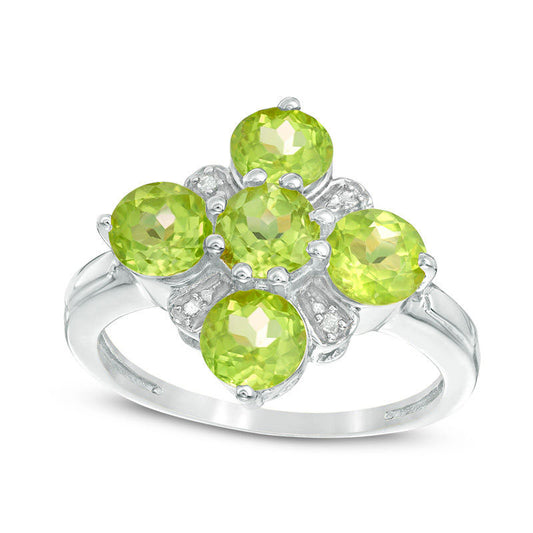 5.0mm Peridot and Natural Diamond Accent Five Stone Flower Ring in Sterling Silver