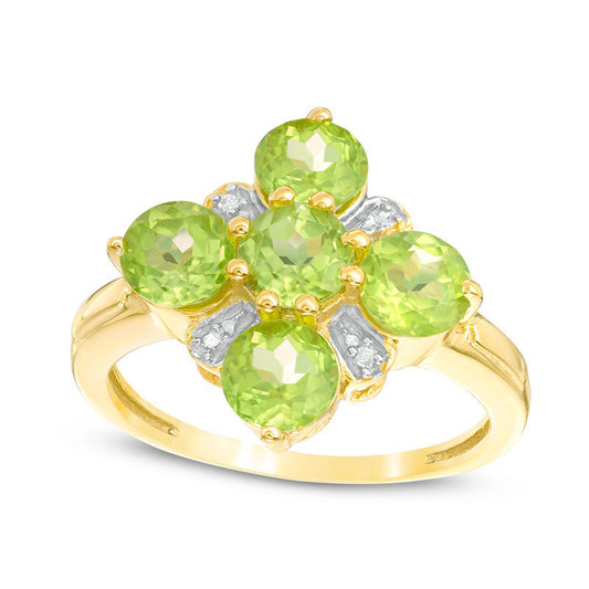 5.0mm Peridot and Natural Diamond Accent Five Stone Flower Ring in Sterling Silver with Solid 14K Gold Plate