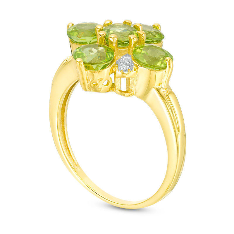 5.0mm Peridot and Natural Diamond Accent Five Stone Flower Ring in Sterling Silver with Solid 14K Gold Plate