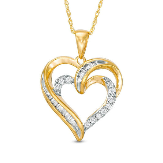 0.25 CT. T.W. Baguette and Round Natural Diamond Double Heart Pendant in 10K Yellow Gold