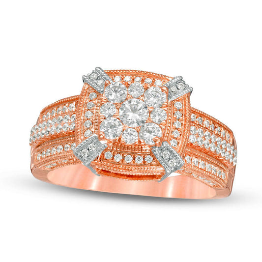 1.0 CT. T.W. Composite Natural Diamond Cushion Frame Antique Vintage-Style Engagement Ring in Solid 10K Rose Gold