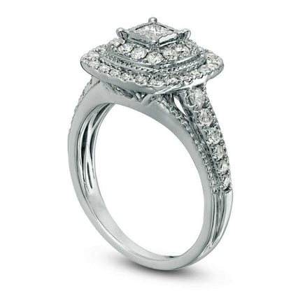 0.75 CT. T.W. Princess-Cut Natural Diamond Double Frame Antique Vintage-Style Engagement Ring in Solid 14K White Gold