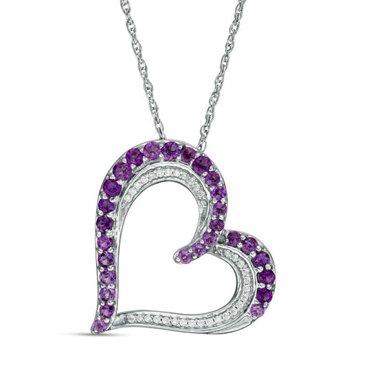 Amethyst and 0.1 CT. T.W. Natural Diamond Tilted Heart Pendant in Sterling Silver