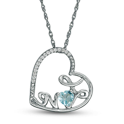 Heart-Shaped Aquamarine and Natural Diamond Accent Tilted "LOVE" Pendant in Sterling Silver