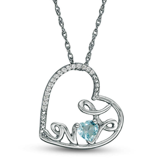 Heart-Shaped Aquamarine and Natural Diamond Accent Tilted "LOVE" Pendant in Sterling Silver