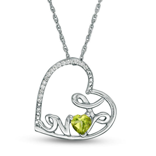 Heart-Shaped Peridot and Natural Diamond Accent Tilted "LOVE" Pendant in Sterling Silver