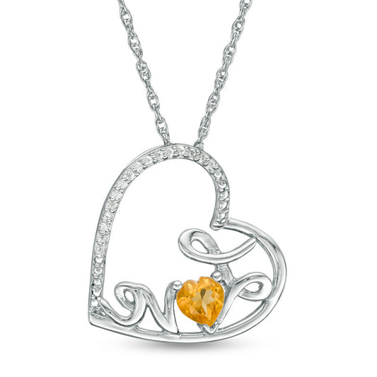 Heart-Shaped Citrine and Natural Diamond Accent Tilted "LOVE" Pendant in Sterling Silver