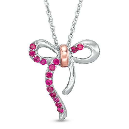 Lab-Created Ruby Bow Necklace in Sterling Silver and 10K Rose Gold