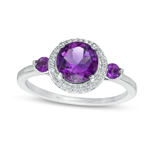 6.5mm Amethyst and 0.17 CT. T.W. Natural Diamond Frame Three Stone Ring in Sterling Silver