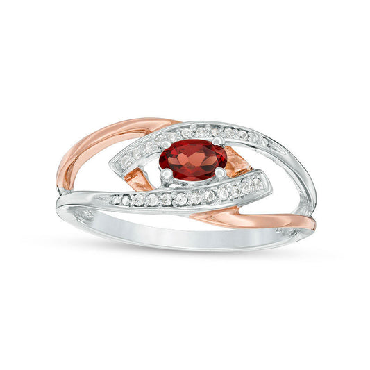 Oval Garnet and Natural Diamond Accent Split Shank Ring in Sterling Silver and Solid 10K Rose Gold