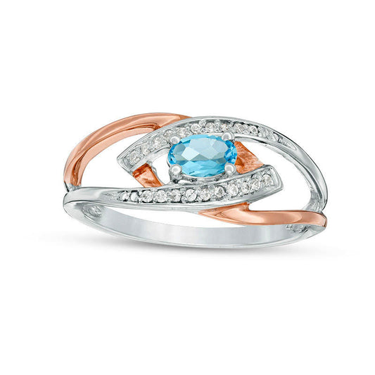 Oval Aquamarine and Natural Diamond Accent Split Shank Ring in Sterling Silver and Solid 10K Rose Gold