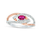 Oval Lab-Created Ruby and Diamond Accent Split Shank Ring in Sterling Silver and Solid 10K Rose Gold