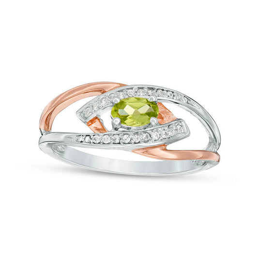 Oval Peridot and Natural Diamond Accent Split Shank Ring in Sterling Silver and Solid 10K Rose Gold