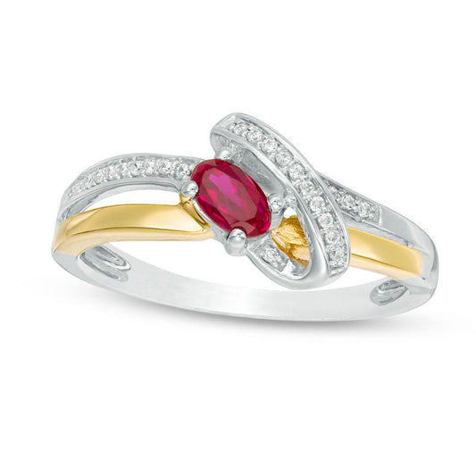 Oval Lab-Created Ruby and Diamond Accent Bypass Ring in Sterling Silver and Solid 10K Yellow Gold
