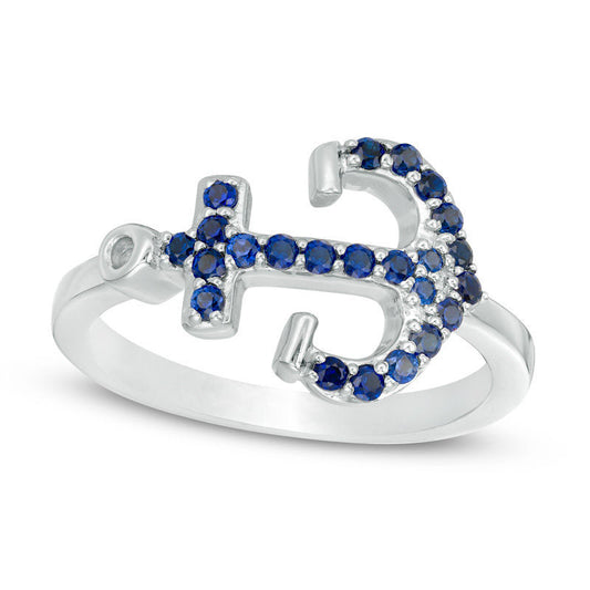 Lab-Created Blue Sapphire Sideways Anchor Ring in Sterling Silver